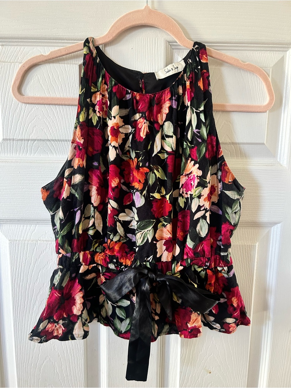 Floral Sleeveless Peplum Top - Black with Multicolor Blooms